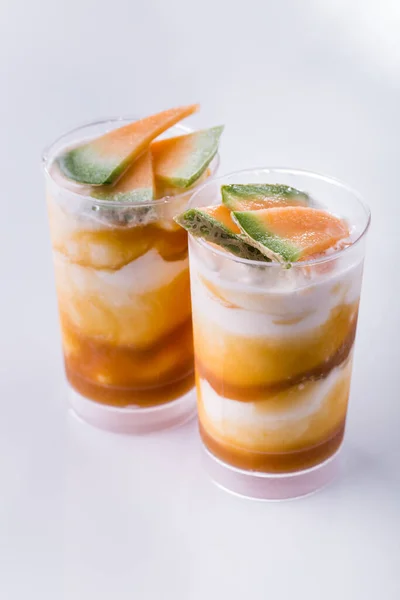 Vanilla Ice Cream Two Glasses Melon Jam Melon Pieces Light — Stock Photo, Image