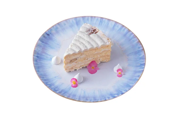 Puff Waffle Slice Dessert Walnuts Meringues Violets Plate White Background — Foto de Stock