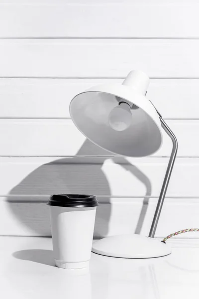 Paper Cup Coffee Closed Black Lid White Lamp Standing White — Stockfoto