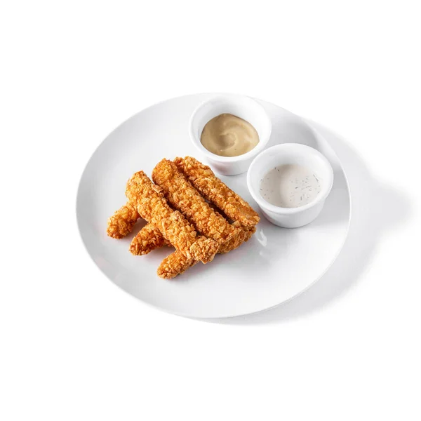 Chicken Sticks Fried Batter Plate Sour Cream Sauce Bowl White — Stockfoto