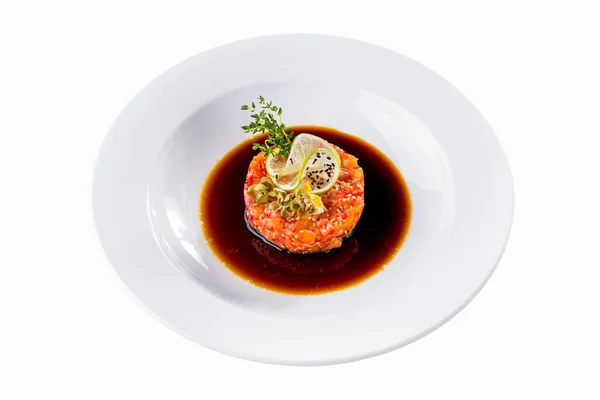 Salmon Tartar Balsamic Sauce Top Slice Lemon White Black Sesame — Stock Photo, Image