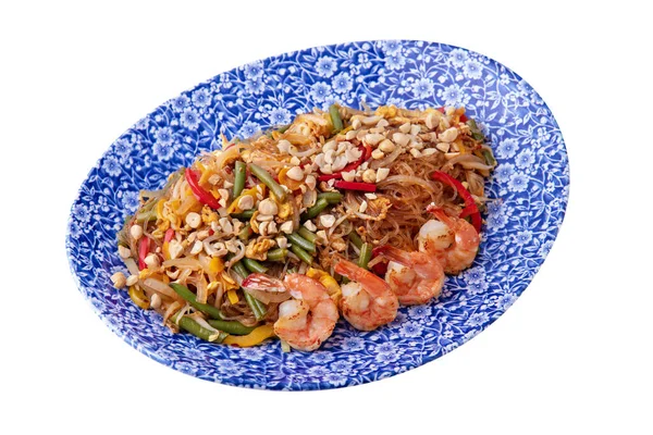 Salad Shrimps Seaweed Peanuts Onions Asparagus Beans Peppers Tomatoes Plate — 图库照片