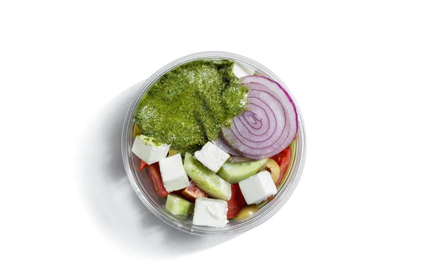 Mozzarella Cucumbers Tomatoes Onions Pesto Sauce Plastic Container White Plate — 图库照片