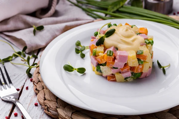 Olivier Salad Mung Bean Salad Sausage Carrots Onions Mayonnaise Peas — Stok fotoğraf