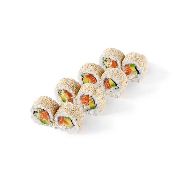 Rolls Salmon Avocado Sesame Cucumber White Background — Stok fotoğraf