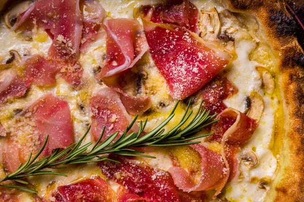 Pizza Prosciutto Cheese Rosemary Plate Table —  Fotos de Stock