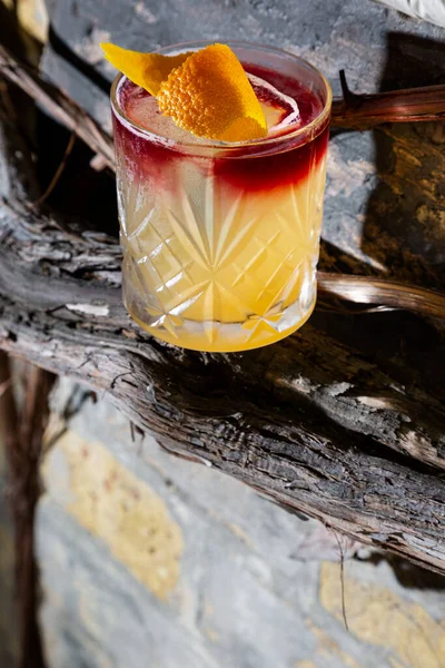 Cocktail Ice Orange Peel Syrup Glass Steamed Wooden Stick — 스톡 사진