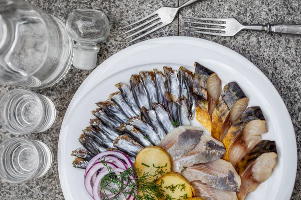 Plate Vodka Snacks Fish Platter Mackerel Herring Sprat Baked Potatoes — Stock Fotó