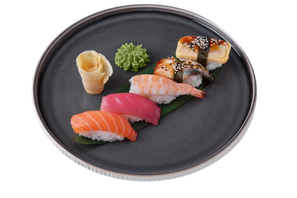 Sushi Salmon Shrimps Tuna Rice Eel Omelette Sesame Seeds Nori — Foto de Stock