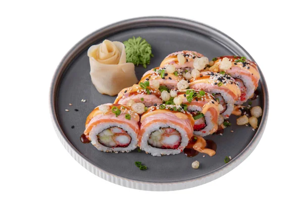 Rolls Salmon Onions Shrimps Sesame Seeds Flying Fish Caviar Rice — Foto Stock