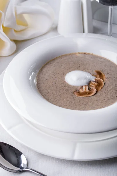 Mushroom Soup Champignons Foam Plate Spoon — Stock Photo, Image