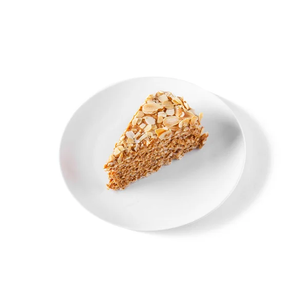 Waffle Slice Cake Condensed Milk Almond Slices Plate White Background — Zdjęcie stockowe