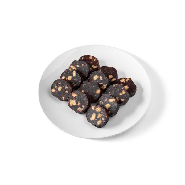 Σοκολάτα Λουκάνικο Μπισκότα Πιάτο Λευκό Φόντο — Φωτογραφία Αρχείου