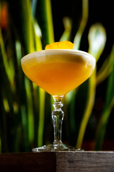 Cocktail Com Suco Laranja Espuma Pétalas Flores Uma Caixa Com — Fotografia de Stock