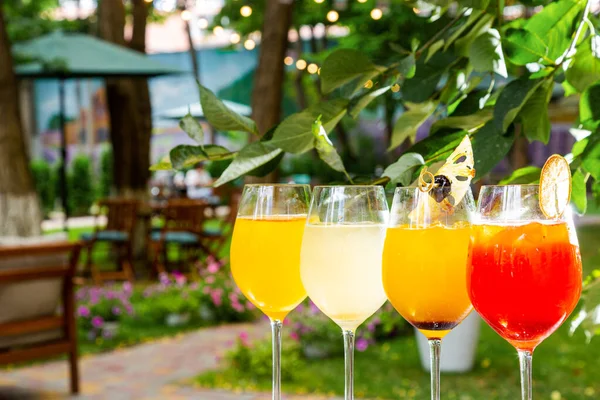 Kurumuş ananas, buz portakalları, köpük ve kirazlı çeşitli kokteyller masanın üzerinde duran şiş yeşil alanlar ve terasa karşı.