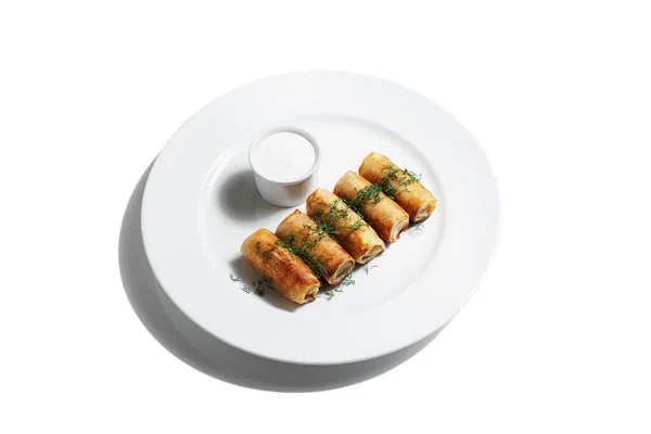 Rolled Spring Rolls Dill Sour Cream Plate White Background — Stock Fotó