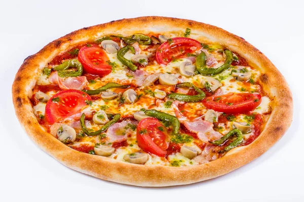 Pizza with tomatoes, cheese, green pepper, mushrooms, bacon and sauce on a white background