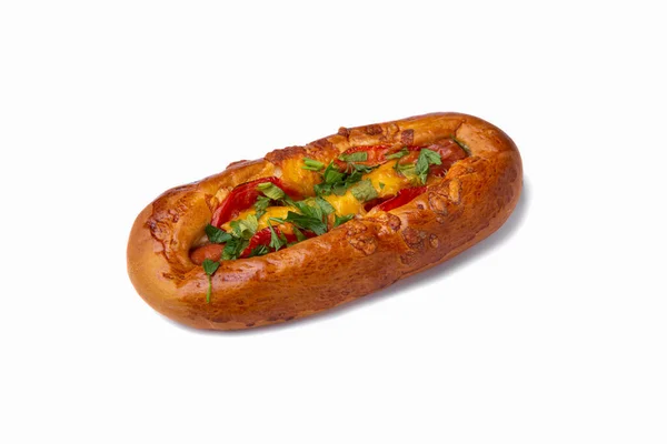 Bun Cheese Sausage Tomatoes Parsley White Plate Close Horizontal Orientation — Stock Photo, Image