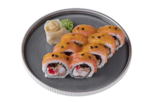 Rolls Salmon Shrimp Flying Fish Caviar Rice Sauce Sesame Seeds — ストック写真