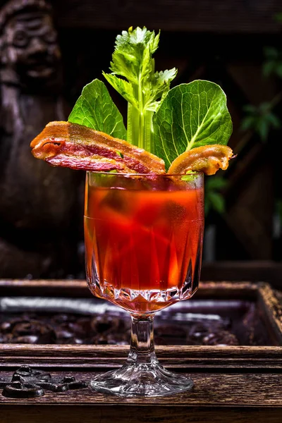 Cocktail Bacon Parsley Salad Glass Wooden Table — Stockfoto
