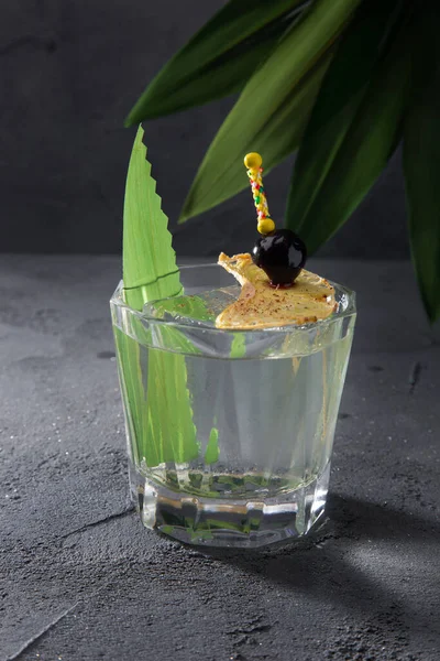 A cocktail with ice, dried pineapple and cherries on a skewer with a leaf in a glass that stands on a concrete table with sheets on the background