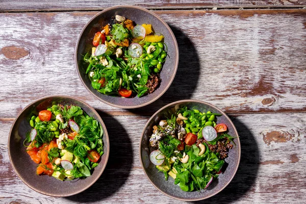 Salad Salmon Cheese Radishes Beans Sprouted Seeds Chuka Nuts Tomatoes — Stock Photo, Image