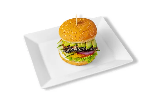 Hamburger Shrimps Onions Tomatoes Salad Cucumbers Sauce Plate White Background — Foto Stock