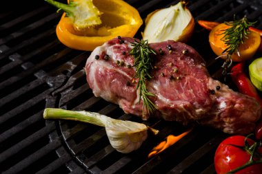 Grilled raw pork meat with rosemary, garlic, onion, pepper, zucchini, tomatoes lying on the smoldering coals. Horizontal orientation 
