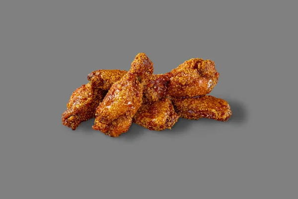 Chicken Wings Breadcrumbs Bbq Sauce Portion Wings Lies Gray Background — Zdjęcie stockowe