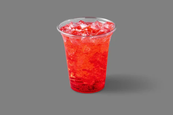 Lemonade Raspberry Syrup Ice Transparent Plastic Glass Glass Gray Background — Stok fotoğraf