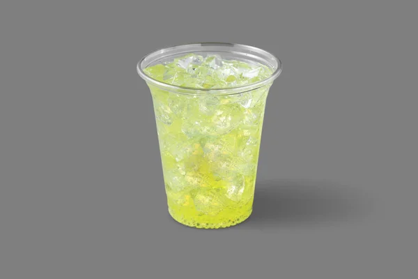 Lemonade Kiwi Syrup Ice Transparent Plastic Glass Glass Gray Background — Stok fotoğraf