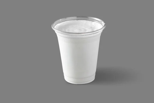 Milk Shake Transparent Plastic Glass Glass Gray Background — Zdjęcie stockowe