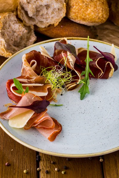 Aged Jamon Meat Cut Slices Microgreen Onion Sprouts Arugula Leaves — ストック写真