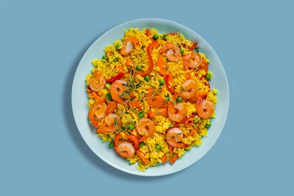 Rice Thyme Shrimps Bell Peppers Peas Carrots Plate Blue Background — Foto de Stock