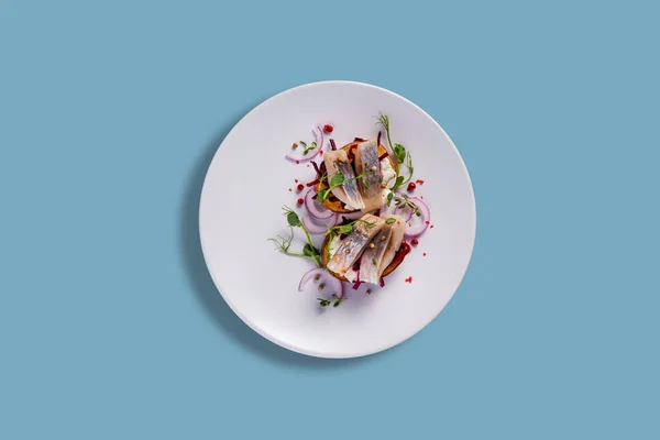 Sandwiches Herring Pea Sprouts Onions Peppercorns Caviar Paste Plate Blue — Fotografia de Stock