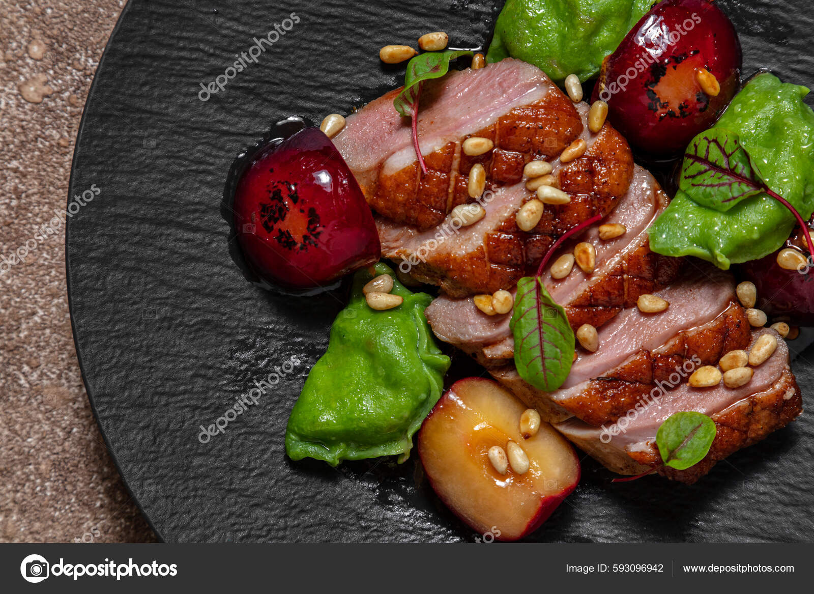 Duck Breast Plum Sauce Grilled Cut Portions Topped Pine Nuts — Stock