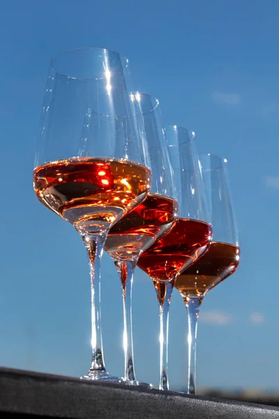 Four Types Wine Glasses Standing Pier Background River — Foto de Stock