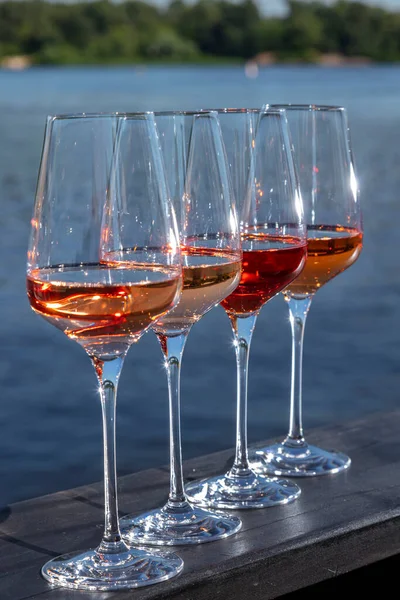 Four Types Wine Glasses Standing Pier Background River — Foto de Stock