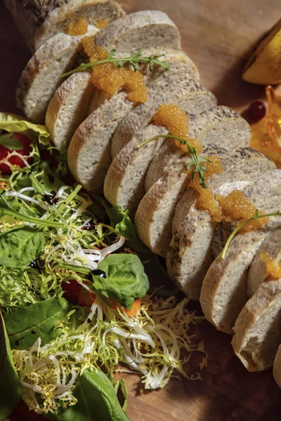 Roll Fish Arugula Caviar Salad Endive Tomatoes Basil Lying Wooden — Stok fotoğraf