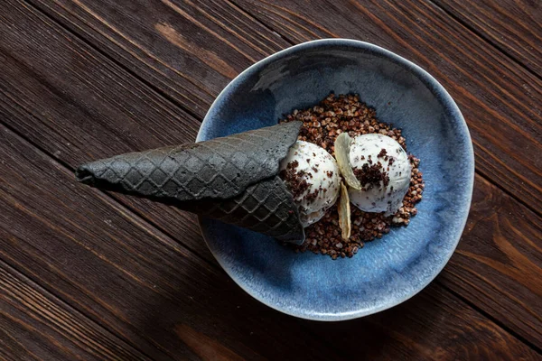 Ice Cream Balls Waffle Baking Crumbs White Chocolate Blue Plate — Stok fotoğraf