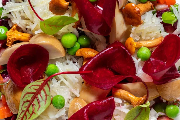 Ukrainian Cuisine Vinaigrette Salad Decorated Chanterelle Mushrooms Beetroot Slices Lettuce — стоковое фото