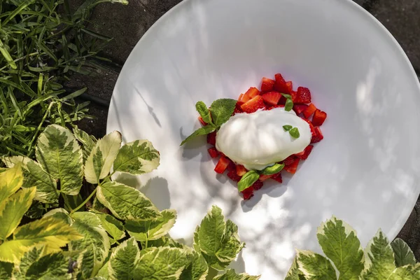 Vanille Ijs Met Aardbeien Basilicum Een Portie Vanille Ijs Ligt — Stockfoto