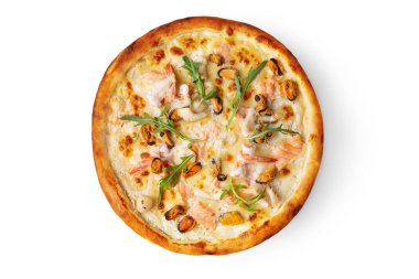 Pizza with salmon, arugula, mussels, blue cheese and other types of cheese on a white background