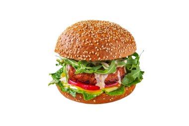 Hamburger with pork cutlet, sauce, tomatoes, arugula and spinach on a white background