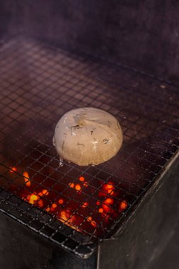 Kömür ve sarmaşıkta tütsülenmiş bufalo mozzarella. Mozzarella, Brezilya ızgarasının üzerinde, Brezilya 'nın dibinde, sarmaşıktan kömür ve kömür var. Mozzarella kızarmış ve tütsülenmiş..