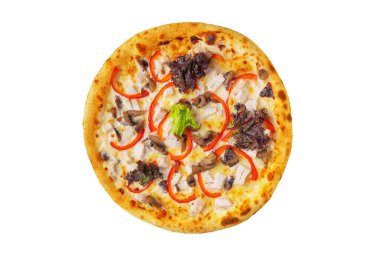 Peynirli, biberli, salatalı ve mozzarellalı pizza.