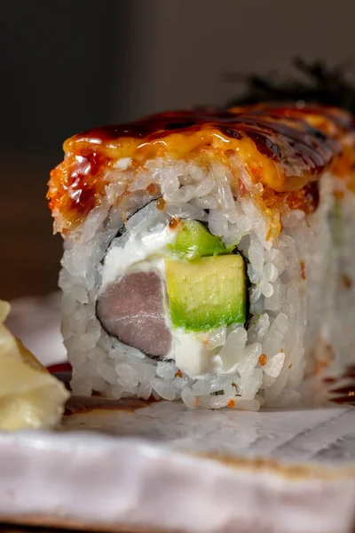 Warm Sushi Eel Fillet Top Teriyaki Sauce Stuffed Avocado Tuna — 스톡 사진