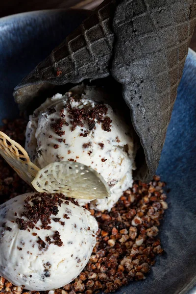 Ice Cream Balls Waffle Pastry Crumbs White Chocolate Blue Plate — Stok fotoğraf