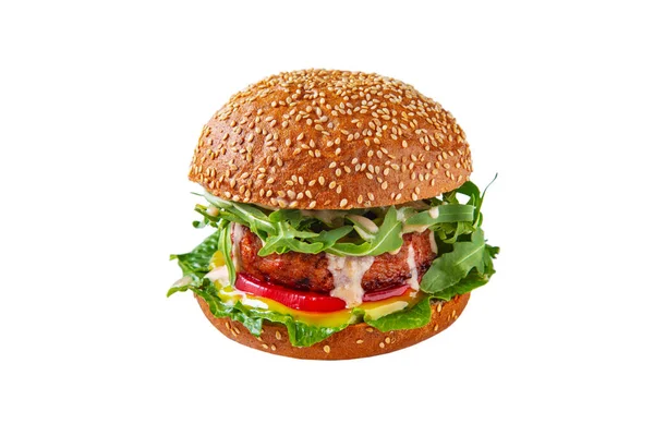 Hamburger Pork Cutlet Sauce Tomatoes Arugula Spinach White Background — Φωτογραφία Αρχείου