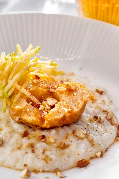 Porridge Sweet Potatoes Apple Hazelnuts Plate White Table Glass Juice — Fotografia de Stock